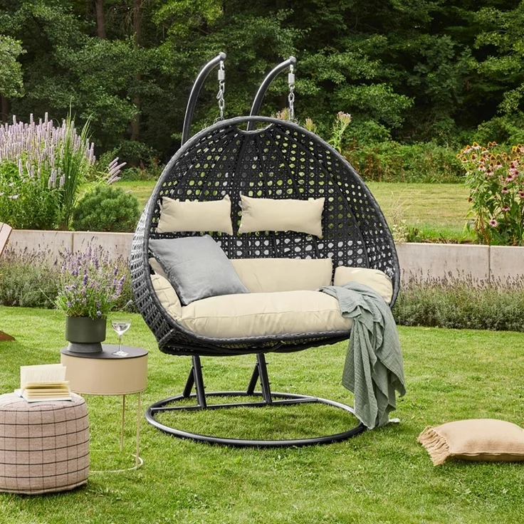 HOME DELUXE Polyrattan Hängesessel mit Regenabdeckung TWIN DELUXE - Schwarz/Creme für 2 Personen – Bild 1