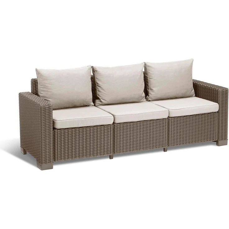 Keter California Gartensofa, ausgestattet mit drei Sitzen und Kissen auf Sitzfläche und Rückenlehne, 198 x 68 x 71,5 cm, hergestellt mit charakteristischer geflochtener Oberfläche, Farbe Cappuccino