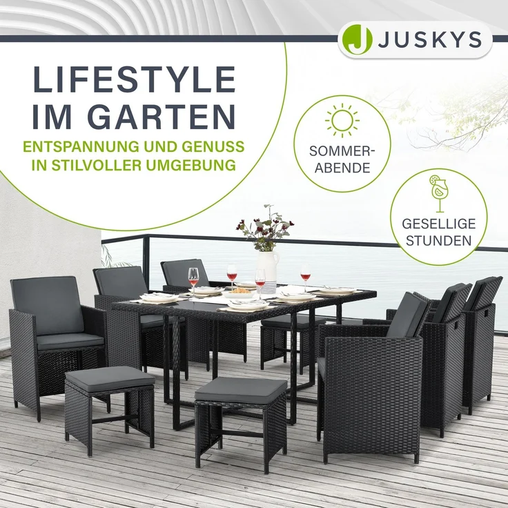Juskys Polyrattan Sitzgruppe Baracoa XL 11-teilig wetterfest & stapelbar – Gartenmöbel Set mit 6 Stühle, 4 Hocker & Tisch für Garten & Terrasse – Bild 7