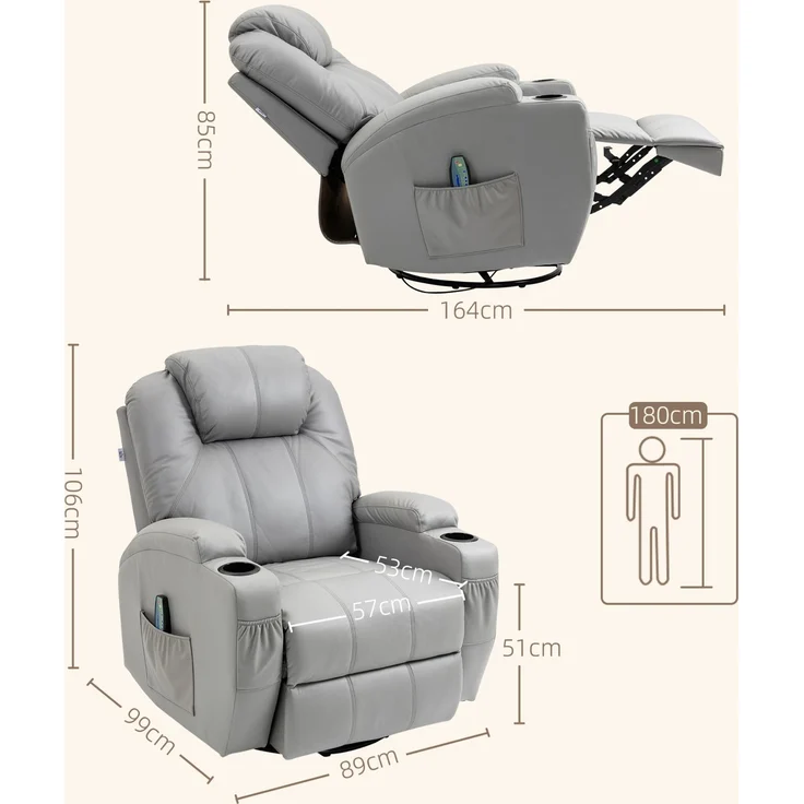 Massagesessel mit 8 Vibrationspunkten, Liegefunktion bis 135°, 99x89x106 cm, Grau – Bild 3