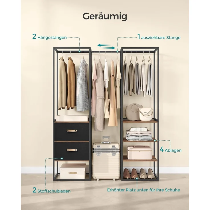 Songmics Kleiderschrank Kleiderständer hochbelastbar, 2 Schubladen, 4 Ablagen, braun – Bild 5