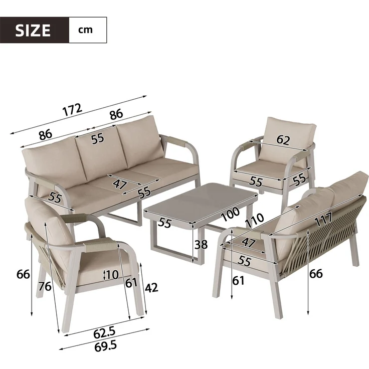 Merax Gartenmöbel-Set 5-tlg, Gartenlounge-Set mit 3-Sitzer-Sofa, 2-Sitzer-Sofa, 2 Sessel und 1 Couchtische, Terassenmöbelset 7 Sitzer, Beige – Bild 4