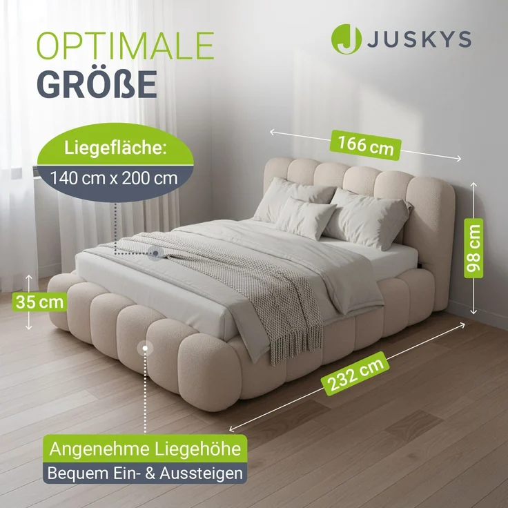 Juskys Polsterbett Catania - Bubble Design, gepolstertes Kopfteil, stabile Kontruktion - 140 x 200 cm - Beige – Bild 3