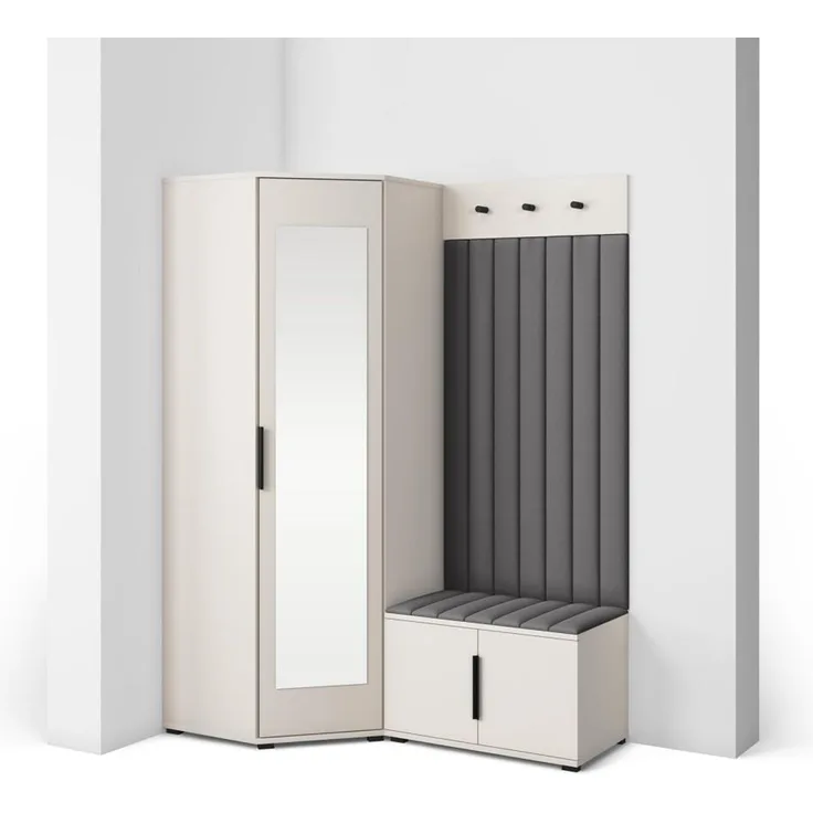 Garderoben-Set Napoli Version 21: Eckschrank mit Polsterpaneelen, Schuhschrank Flur und Eingangsbereich (Cashmere/Trinity 15), 189 x 70 x 140 cm