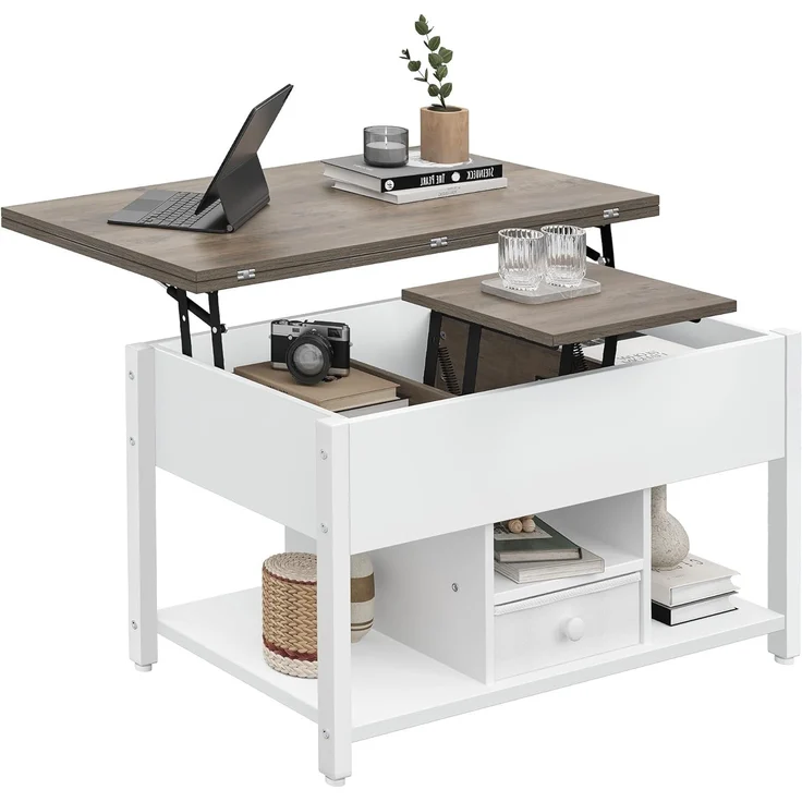 YITAHOME Couchtisch mit Anhebbarer Platte und Schubladen, 4-in-1-Multifunktions-Couchtisch mit Stauraum, Couchtisch lässt Sich in einen Esstisch für das Wohnzimmer umwandeln, Weiß&Grau – Bild 7