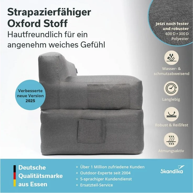 Skandika Luftsofa Easy Air Premium, Aufblasbares Sofa Outdoor, Tragetasche, (Bezug abnehmbar, Maschinenwäsche, Schonprogramm 30 °C, mit Tragetasche), 1 Person, mit Elektropumpe, USB-C Ladekabel, 200 kg belastbar – Bild 2