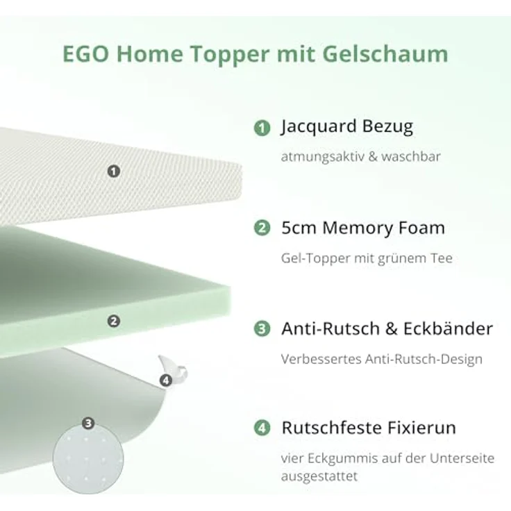 EGO HOME Gel Topper 100x200 cm, H2 Weicher Gel-Memory Matratzen Topper mit Grüntee-Extrakt, Öko-TEX Zertifiziert, Matratzen Topper 140x200 mit für Boxspringbett Schlafsofa Gel Bezug Kaltschaum 9CM Höhe – Bild 3