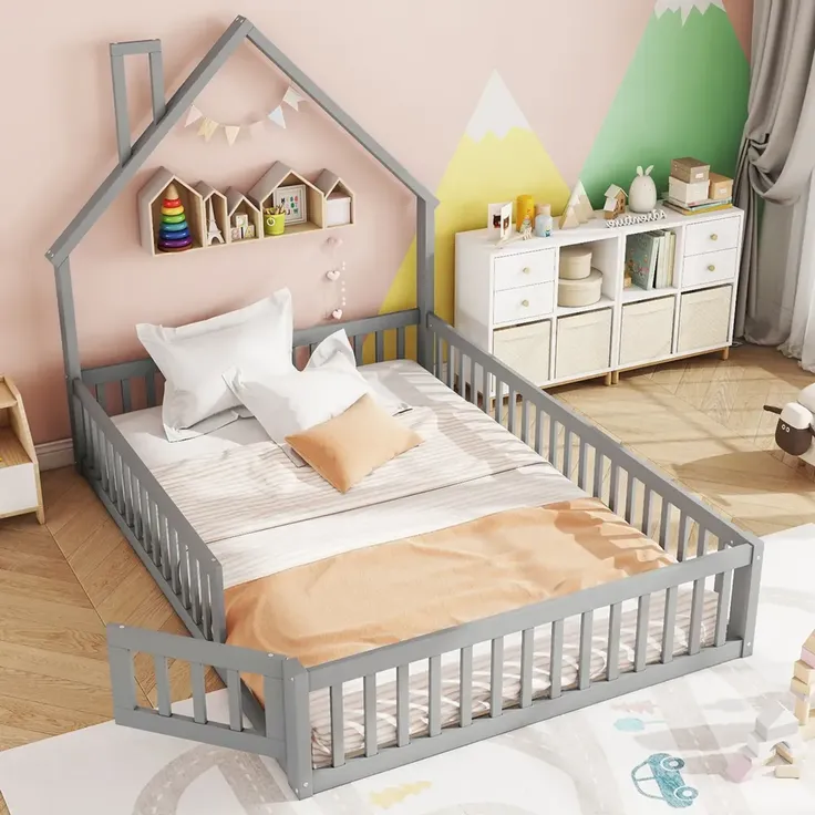Hausbett mit Lattenrost und Rausfallschutz, 140x200 cm, Kinderbett, Jugendbett, Kiefer