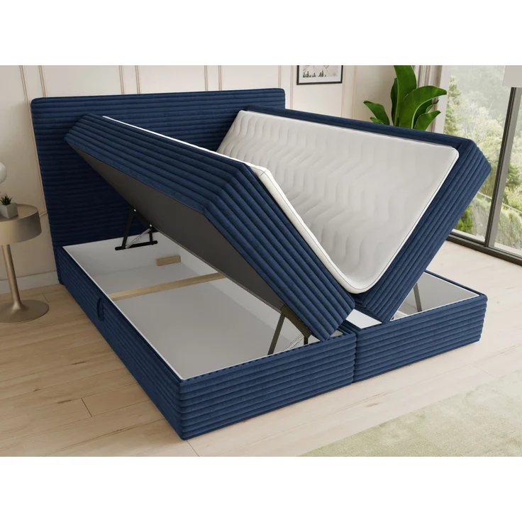 Boxspringbett Mollo mit 2 Bettkästen, Doppelbett mit Bonell-Matratze und Topper, Polsterbett in weichem Cordstoff, Bett, Bettgestell für Schlafzimmer (Blau (Tilia 77), 160 x 200 cm) – Bild 3