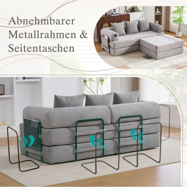Modulares Cordsofa mit Hocker, Metallgestell & Seitentasche, 200x190x67 cm, Hellgrau – Bild 7