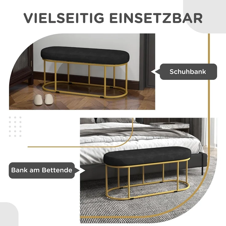 HOMCOM Polsterbank Bettbank mit Samtoptik (Schlafzimmerbank, 1-St, Schminkbank), Stahl, Schwarz, 100 x 37 x 43 cm – Bild 4