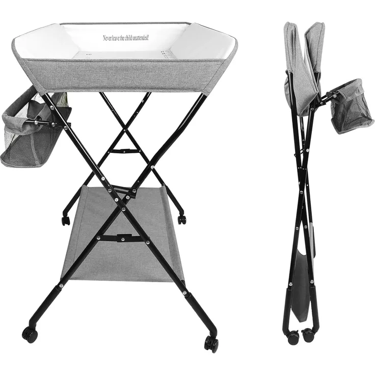 Wickeltisch Faltbar und Tragbar 3 in 1, max. Belastung 25 kg für neue, Wickeltisch mit Aufbewahrungskorb, Sicherheitsgurt und 4 Rollen mit Bremse, höhenverstellbar, 86 * 62 * 96 cm-grau