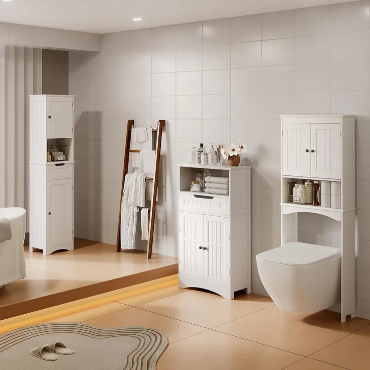 Bealife Badezimmerschrank, Badezimmer-Aufbewahrungsschränke mit großer Schublade, 2 Türen mit verstellbaren Regalen für Badezimmer, Wohnzimmer, Schlafzimmer, 108 x 60 x 30 cm, Weiß – Bild 9