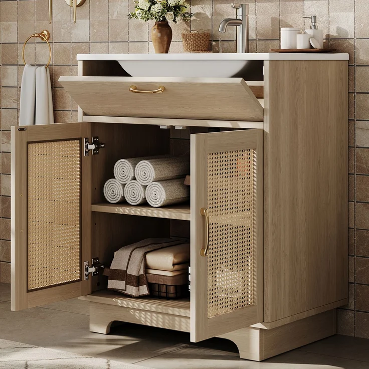 Freistehender Badwaschtisch 76 x 46 x 88 cm aus MDF mit Keramikbecken und Rattan-Geflecht – Bild 3