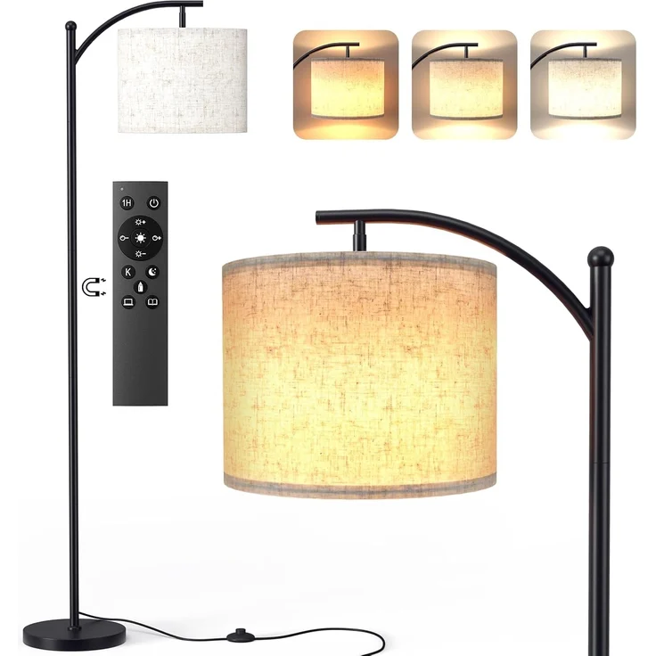 YICAIZI Stehlampe Wohnzimmer Dimmbar, Modern Standleuchte mit 3 Farbtemperaturen, Beigen Leinen-Lampenschirm, 12W Glühbirne inklusive, Fernbedienung und Fußschalter (Beige) – Bild 1