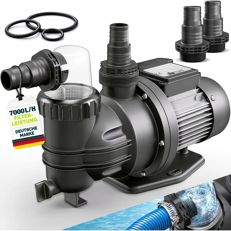 tillvex® Filterpumpe Pool 7.000L/h & 250W | Schwimmbadpumpe Förderhöhe max. 7,5m | Poolfilter Umwälzpumpe für 22m³ Pools | Poolpumpe selbstansaugend für Pools Aufstellpool Spa mit Vorfilter