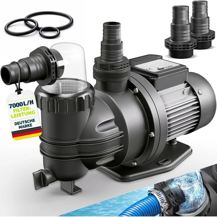 tillvex® Filterpumpe Pool 7.000L/h & 250W | Schwimmbadpumpe Förderhöhe max. 7,5m | Poolfilter Umwälzpumpe für 22m³ Pools | Poolpumpe selbstansaugend für Pools Aufstellpool Spa mit Vorfilter – Bild 1
