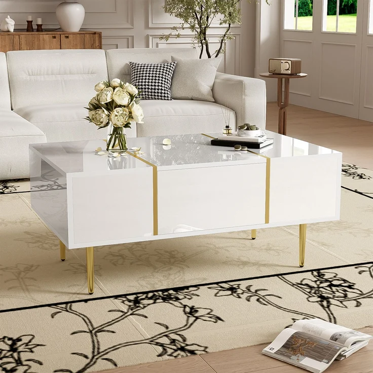 Couchtisch 100 x 60 x 41,5 cm, mit Schubladen, aus MDF, als Ablage für Getränke und Bücher im Wohnzimmer, Weiß – Bild 5