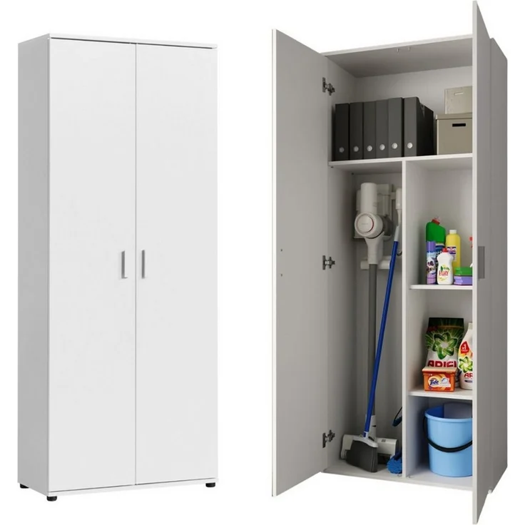 Home Collective Mehrzweckschrank 75 cm breit mit Einlegeböden 75x35x184 cm (BxTxH) Weiß (Vorratsschrank Universalschrank für Haushalt, Flur, Büro, Keller) mit 2 Einlegeböden und Fach für Staubsauger – Bild 2
