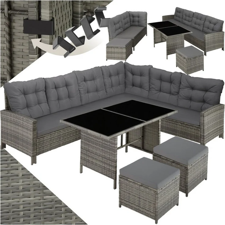 tectake Loungeset Rattan Sitzgruppe mit Sicherheitsglasplatten für 6 bis 8 Personen, (Gartenlounge-set Barletta, 6-tlg, 6-tlg. in Grau-meliert/Grau), widerstandsfähig und UV-beständig, dicke Rückenkissen – Bild 5