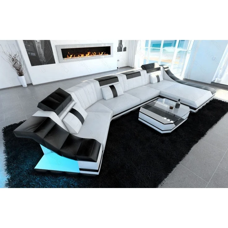 Mini Luxus Wohnlandschaft Turino C-Form mit LED - Echtleder - Weiß-Schwarz - Rechts – Bild 6