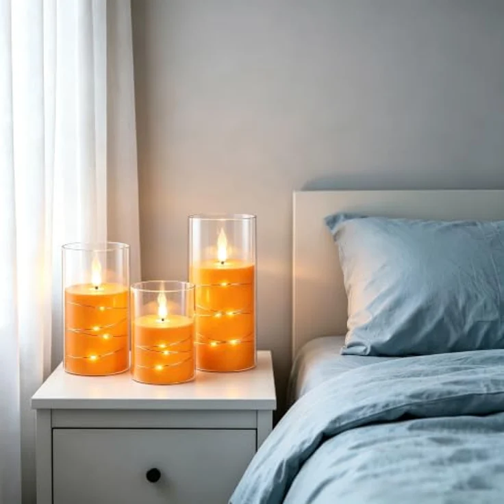 Da by 3 Stück Orange LED Kerzen mit Feenlichtkette, Realistische Flackerflamme, Fernbedienung, Hitzebeständige Glas-Kerzen für Innen- & Außendekoration – Bild 4
