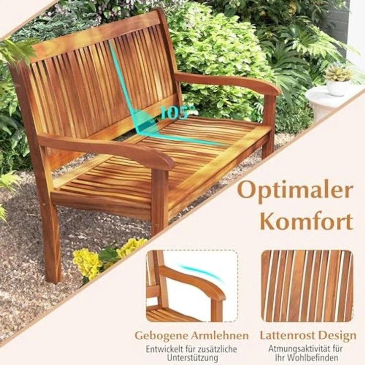 FANTASK Gartenbank Holz, für 2-3 Sitzer, Balkonbank aus Akazienholz bis 320 kg belastbar, 126 x 63 x 91 cm, Natur – Bild 6