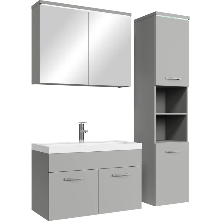 Badplaats Badmöbel Komplettset Paso LED 80x40 cm Grau Matt - Badezimmermöbel mit Waschbecken, Spiegelschrank und Badezimmerschrank – Bild 1