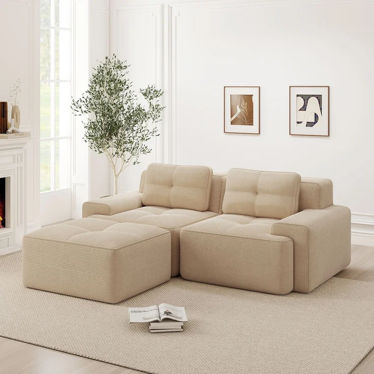Boneless Modulsofa,Modernes L-förmiges Modulsofa für Wohnzimmer mit Tiefem Sitz bequemes Corduroy-Cloud-Sofa mit Ottoman Getuftetes Zweisitzer-Schlafsofa,Corduroy,Beige, – Bild 1