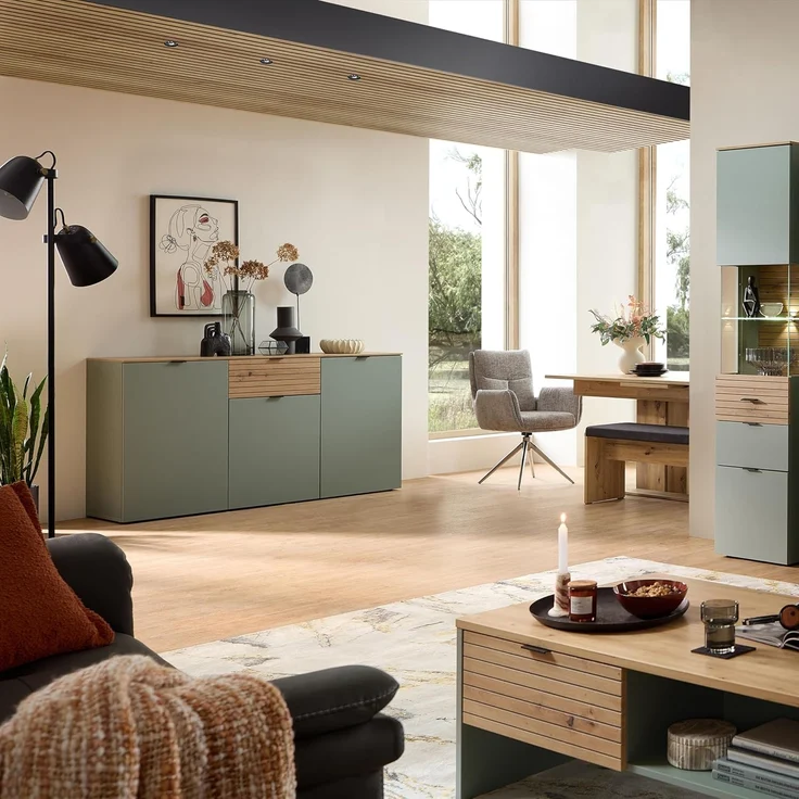 INA Sideboard in Schilfgrün, Artisan Eiche Optik FSC-Zertifiziert - Moderne Kommode mit Schublade und viel Stauraum - 180 x 90 x 45 cm (B/H/T) – Bild 3