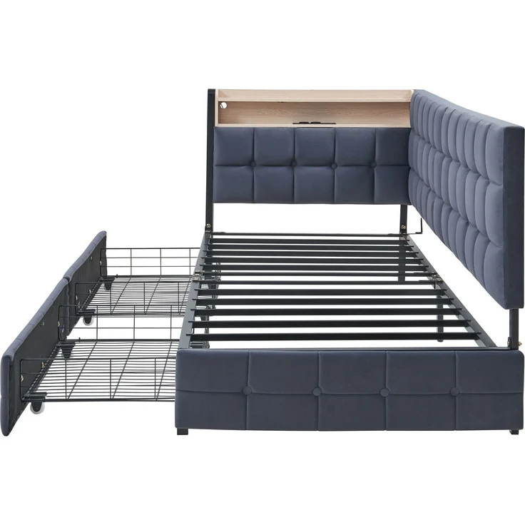 Schlafsofa mit 2 Schubladen, LED & USB-Anschluss, 90x200 cm, Grau, ohne Matratze – Bild 9