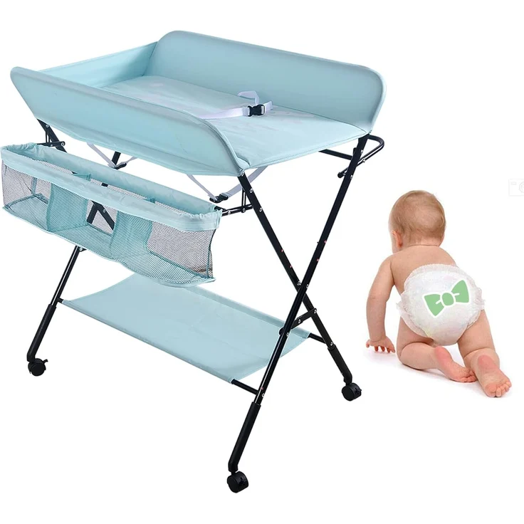 Faltbare Baby Wickelunterlage mit stabiler Struktur, Wickeltisch für Kinder, platzsparender Wickeltisch für Windelwechsel, 4 Rollen mit Bremse, mit Staufächern (80 x 66 x 98 cm) – Bild 4