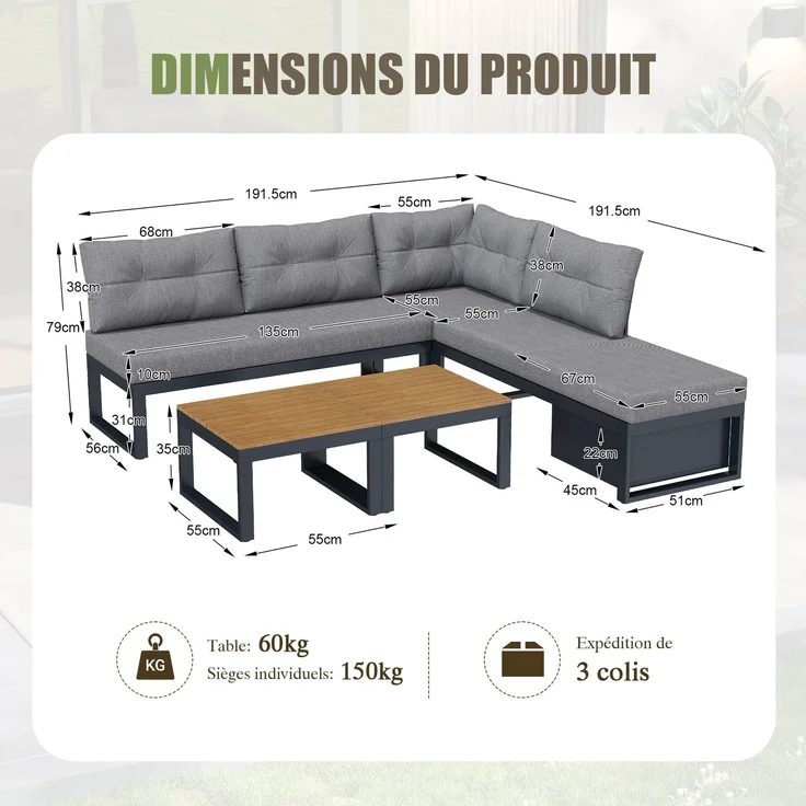 ZUBALIYA Garten-Loungeset - 191,5 x 191,5 x 79 cm , Grau , Polyester , verstellbare Rückenlehne , mit Stauraum – Bild 2