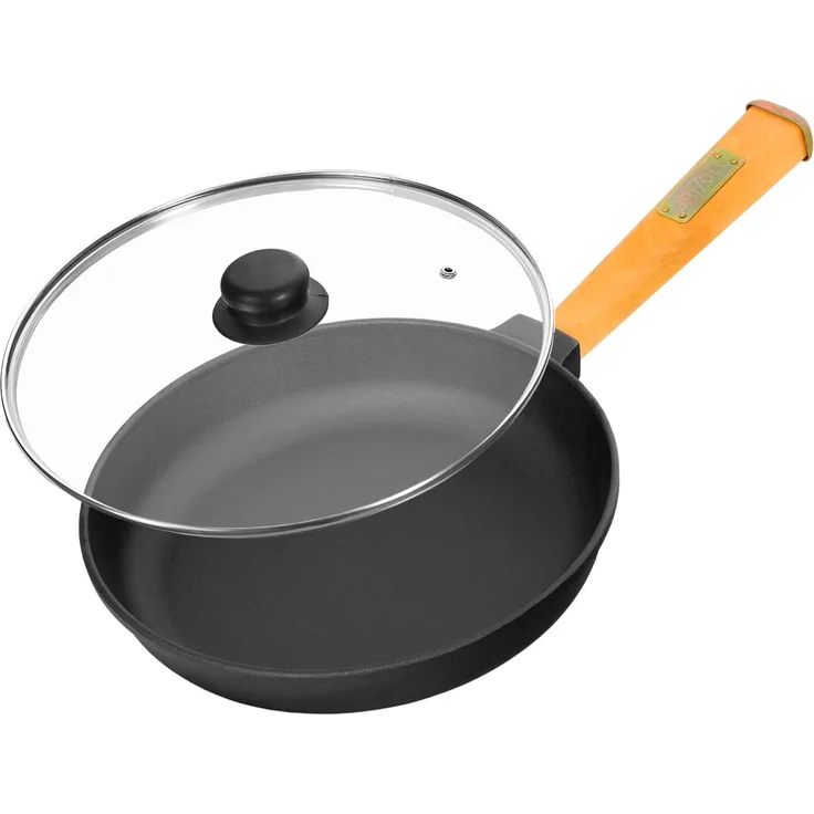 Ø24cm Gusseisenpfanne 47mm hoch mit Holzgriff und Glasdeckel Induktion Bratpfanne
