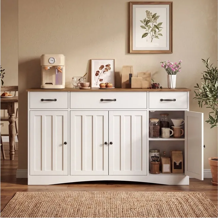 Blishom Buffet Sideboard Kommode Küchenschrank mit 4 Türen und 3 Schubladen Buffetschrank, Anrichte, verstellbare Böden, Landhaus-Design