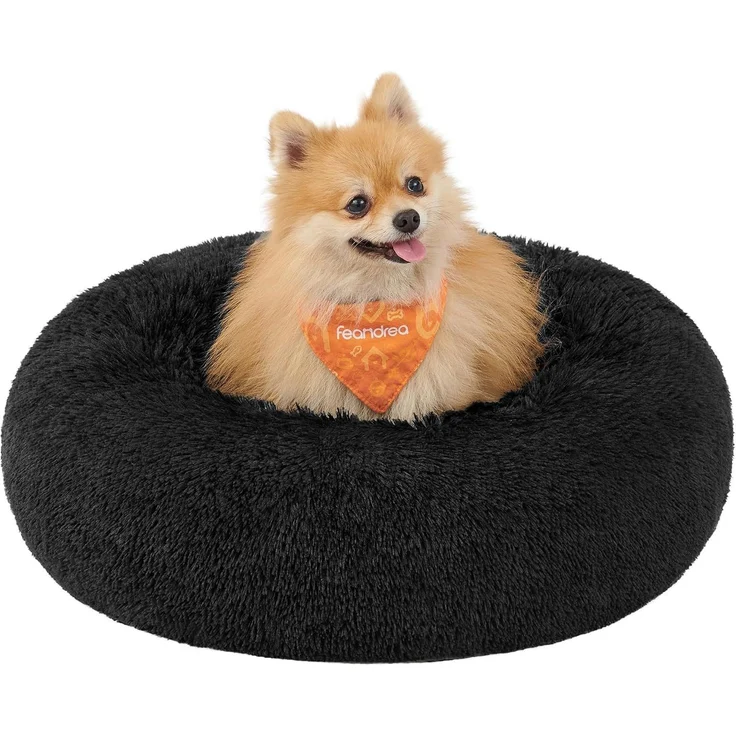 Feandrea Hundebett flauschig, Donut Kissen, waschbar, Polsterung in der Mitte herausnehmbar, Langer Plüsch, tintenschwarz, 60x20 cm – Bild 1