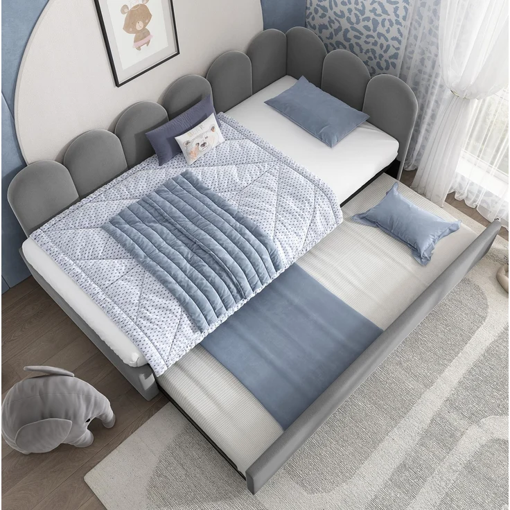 Daybett 90x200 cm mit Ausziehbett 90x190 cm – gepolstertes Kinderbett aus Samt in Grau – Bild 5