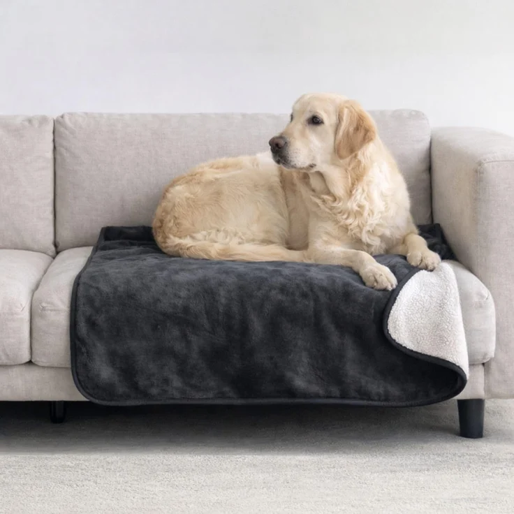 Dreamzie - wasserdichte Hundedecke Flauschig - 80x100cm - Dunkelgrau | Sherpa-Fleece · Waschbar · Decke für unterwegs, Bett, Sofa, Auto, Outdoor · Katzendecke · Weich · Wendedecke 2-in-1