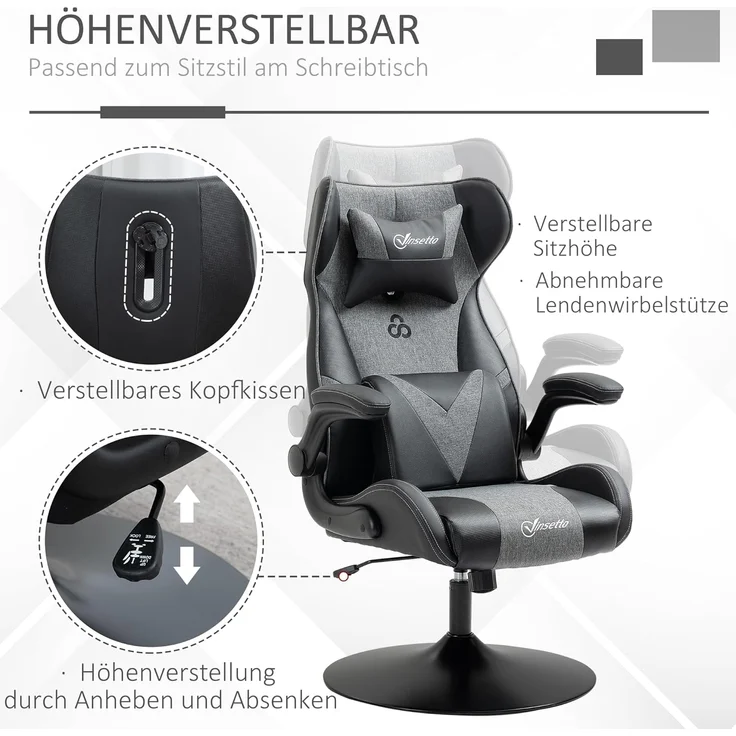 Vinsetto Schreibtischstuhl höhenverstellbarer Bürostuhl, 360° drehbar (Gamingstuhl, 1 St), für Büro, Schlafzimmer, Schwarz – Bild 4