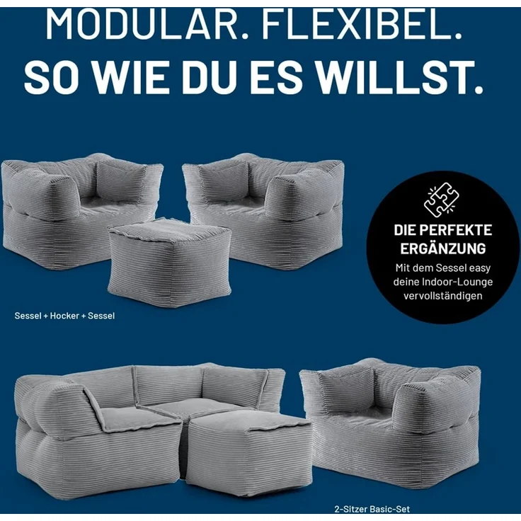 Lumaland Modular Sessel - Cord-Reihe | Indoor Sitzsack mit Softer Struktur, ideal Modulen | Bean Bag für Wohnzimmer & Co. - 96 x 72 x 70 cm – Bild 4