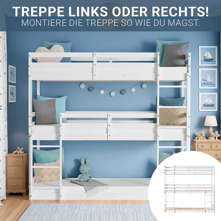 Homestyle4u Etagenbett mit 3 Liegeflächen, Kiefernholz weiß, 90x200 cm – Bild 2