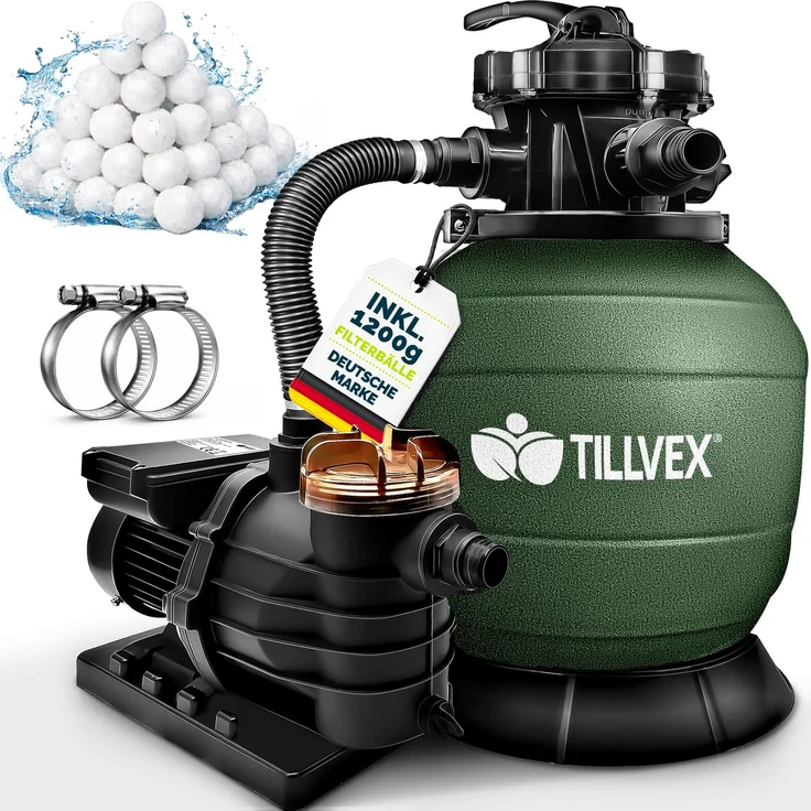 tillvex® Sandfilteranlage Pool Grün 13.200L/h bis 40.000L + 1200g Filterbälle | Filteranlage 7-Wege Ventil & 2in1 Adapter Ø32-38mm | Poolfilter Selbstansaugend | Sandfilter Schwimmbecken – Bild 2