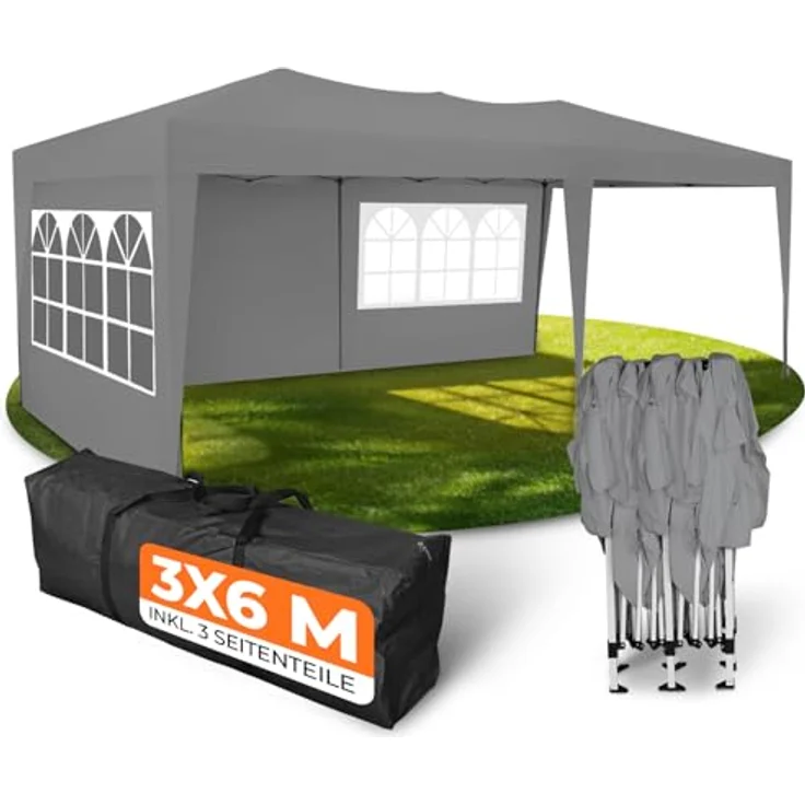 Kronenburg Faltpavillon wasserdicht Pavillon mit 3 Seitenteilen, Gartenzelt, 3x6 m - mit UV Schutz 50+, Grau – Bild 2