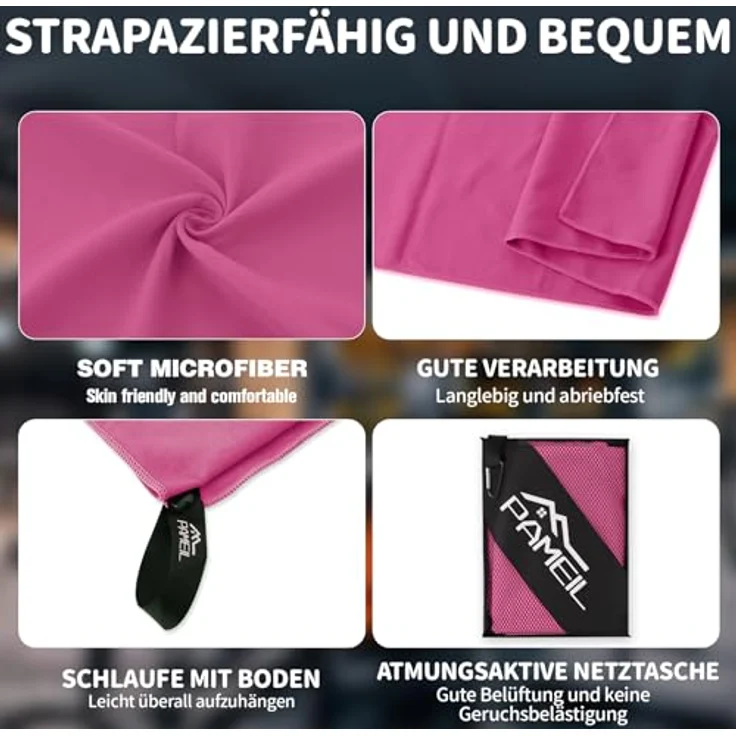 Pameil Mikrofaser Handtuch 3er Set, schnelltrocknend und super saugfähig, 1 großes Badetuch (160x80cm) + 2 kleine Handtücher (80x40cm), rosa – Bild 5