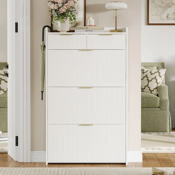 ZUBALIYA Schuhschrank (80 x 25 x 135 cm), 3 Klappfächer und 2 Schubladen, Aus Spanplatte, Stauraum für Flur und Eingangsbereich, Weiß – Bild 5