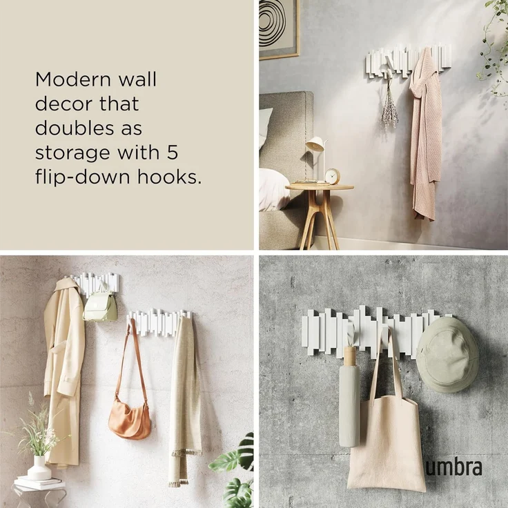 Umbra Stäbchen Garderobenhaken – Moderne und Platzsparende Garderobenleiste mit 5 Beweglichen Haken für Jacken, Mäntel, Schals, Handtaschen und Mehr, Weiss – Bild 4