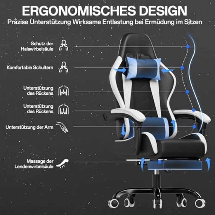 JUMMICO Gaming Stuhl, Bürostuhl Ergonomisch Mit Massagefunktion, Gamer Stuhl verstellbare Rückenlehne 90-135°,und fußstütze, Gamingstuhl 150 kg belastbarkeit, Weiß – Bild 4