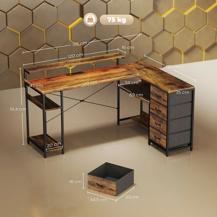 MELAYR, Gaming Tisch L-förmig Schreibtisch mit Stromanschluss LED-Beleuchtung 4, 155 x 110 x 91.4 cm, Rustikal-Braun – Bild 5