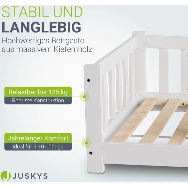 Juskys 'Naya' Kinderbett - mit Rausfallschutz & Lattenrost - für Kinder 3 -10 Jahre - modern, Holz Weiß, 80x160 cm – Bild 2