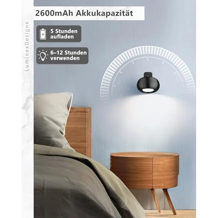 LuminexDesigns 2er Set Akku Wandleuchte Innen LED Kabellos Wandlampe Magnetisch, 360° drehbare USB Ladefunktion, Touch Dimmbar – Moderne LED Wandlampe für Wohnzimmer, Schlafzimmer, Flur Schwarz – Bild 2